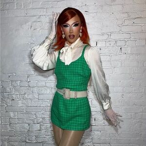 Green Cinched Tweed Dress